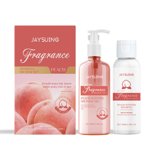 Carmine Juneberry Botanical Shampoo and Shower Set with natural herbal ingredients, featuring bottles of haircare and body wash.