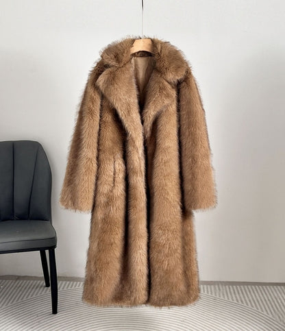 Carmine Juneberry Royal Faux Fur Maxi Coat, 25 Edition, stylish beige jacket with luxurious faux fur collar and long length.