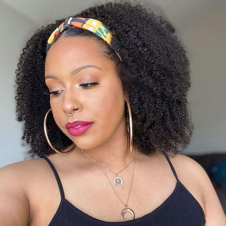 Cerise Alfie Afro kinky curly human hair headband wig worn as a no-glue, easy-wear scarf wig for natural hair styling.