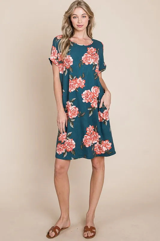 Jade Icarus BOMBOM floral round neck short tee dress with pockets, featuring a colorful floral pattern and casual fit.