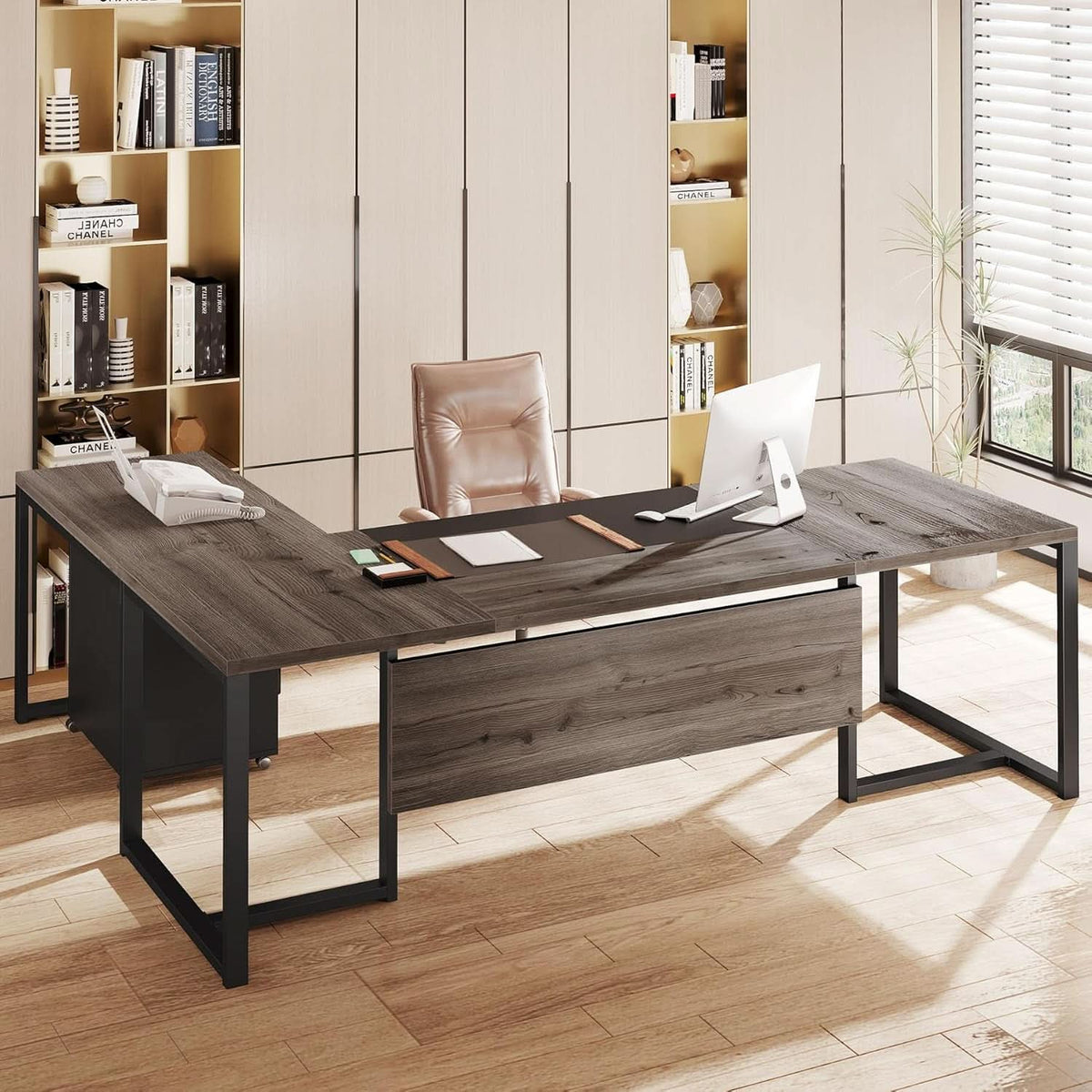 Retro-Gray L-Shaped Executive-Grade Desk File Cabinet