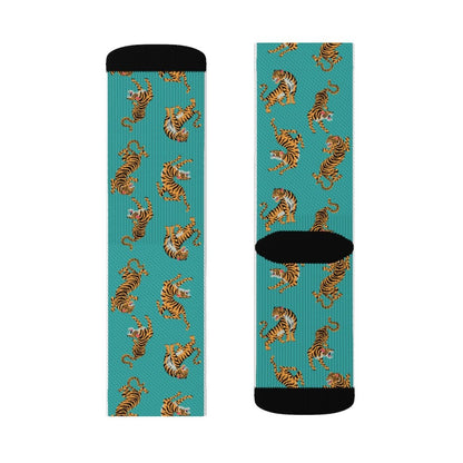 Yellow Pandora Tiger Fun novelty socks featuring playful tiger print and colorful design, perfect for casual wear.