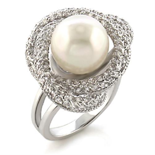 Rhodium brass ring with synthetic white pearl, jewelry and watches by Turquoise Tiger, showcasing elegant jewelry design.