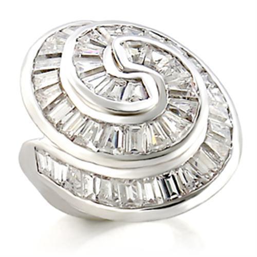 Rhodium brass ring with AAA grade clear CZ gemstone from Turquoise Tiger jewelry collection, featuring intricate design and shiny finish.