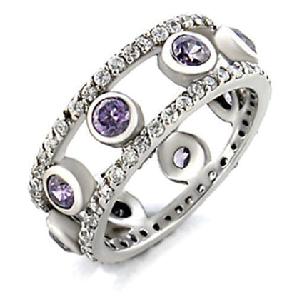Rhodium brass ring with AAA grade amethyst CZ, featuring a polished design, from Turquoise Tiger jewelry collection.