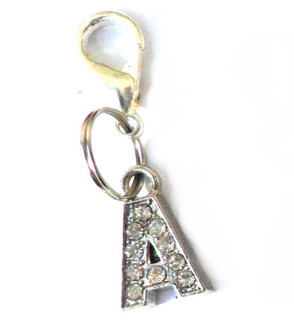 Salmon Oscar A-Z Crystal Letter Pet Charm attached to a pet collar, featuring sparkling crystal embellishments and metallic accents.