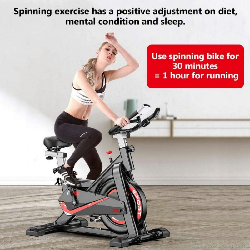 Puce Orpheus spinning bike with monitor, stationary indoor exercise equipment for cardio workouts, black with digital display.