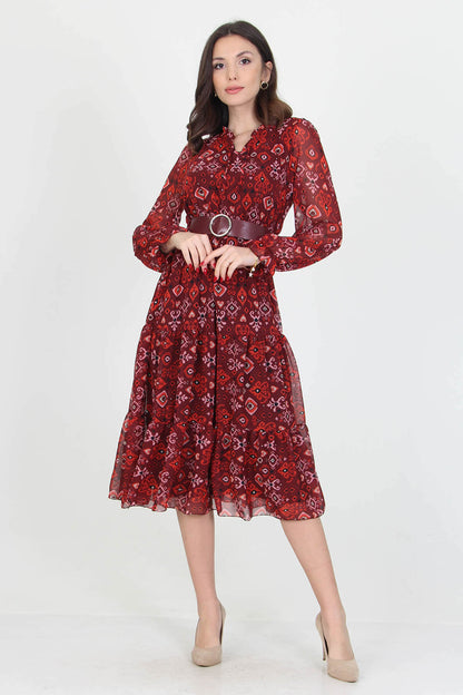 Patterned chiffon dress with belt for women by Aquamarine Felix, featuring a flowy fabric and stylish design.