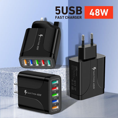 Fuchsia Electra 2-pack 5-port wall charger for mobile and laptop devices, with five USB ports for simultaneous charging.
