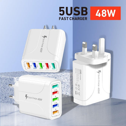 Fuchsia Electra 2-pack 5-port wall charger for mobile and laptop devices, charging five gadgets simultaneously.