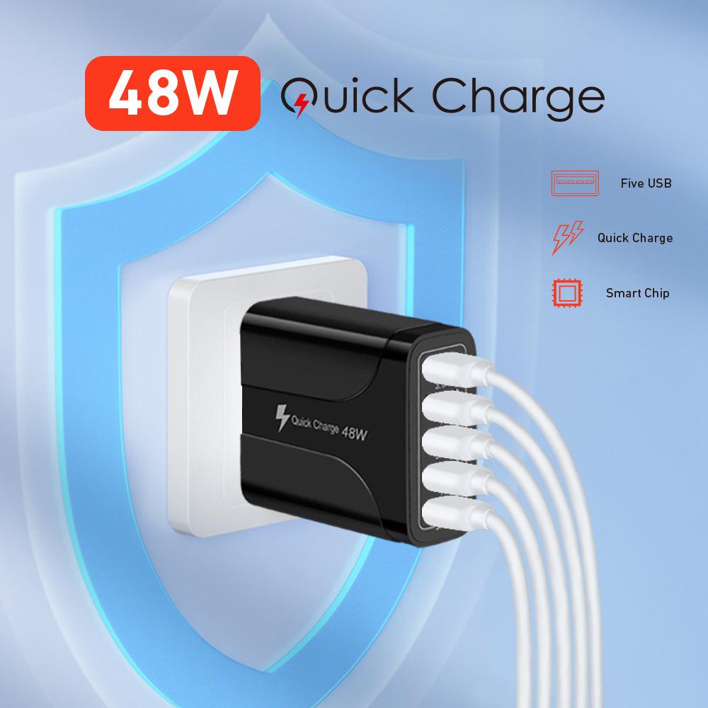 Fuchsia Electra 2-pack 5-port wall charger for mobile devices and laptops with multiple USB outlets, compact and versatile design.