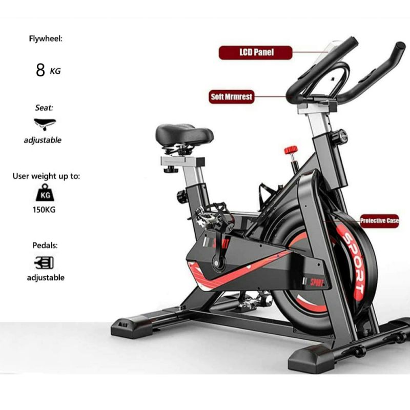 Puce Orpheus stationary spinning bike with monitor for indoor workouts, featuring adjustable seat and handlebars.