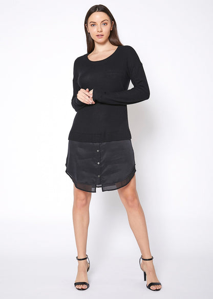 Black women’s Twofer pullover sweater dress by Lemon Hera, featuring a cozy, stylish knit design perfect for casual wear.