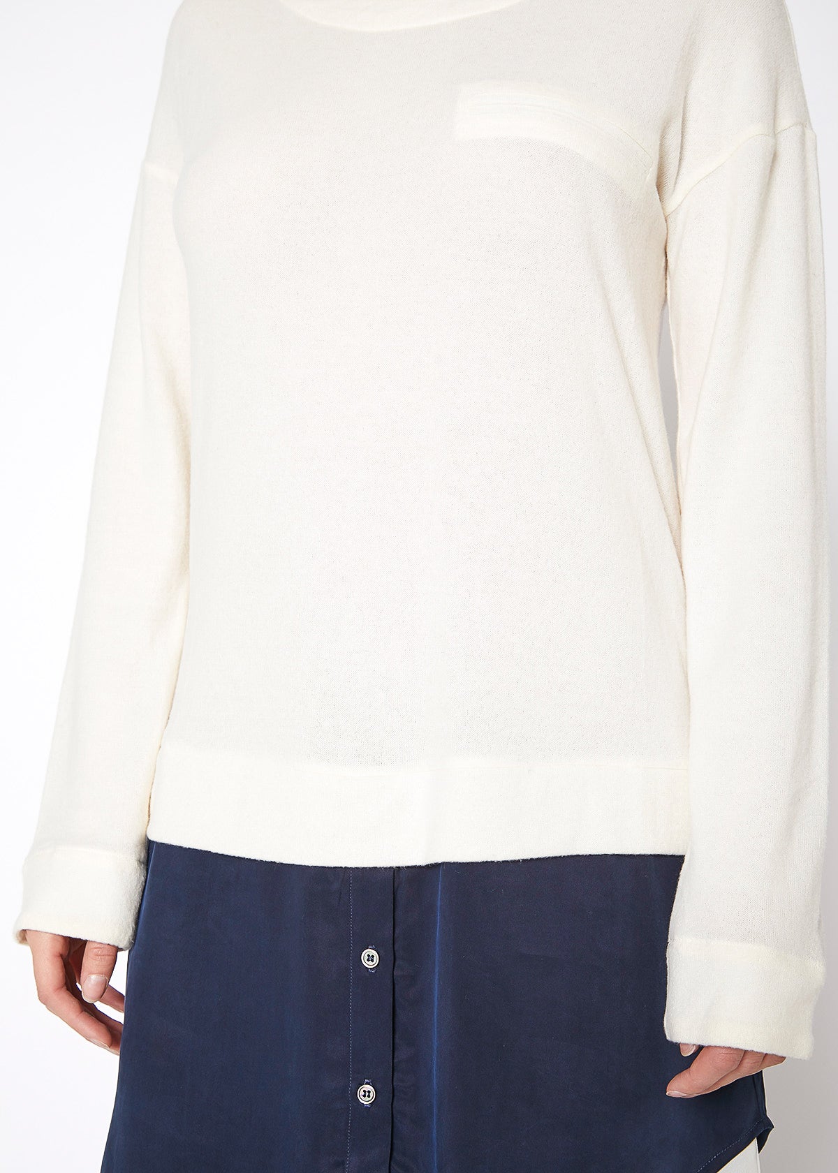 Women’s ivory Twofer Pullover Sweater Dress by Lemon Hera, showcasing a cozy knit dress with layered look and long sleeves.