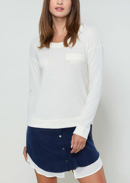 Women’s white Twofer Pullover Sweater Dress by Lemon Hera, cozy knit dress with layered look and long sleeves.