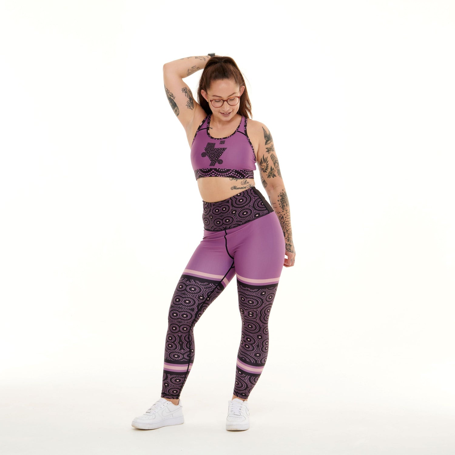 White Oliver Signature Purple Funky Leggings for activewear, featuring bold patterns and a comfortable fit.