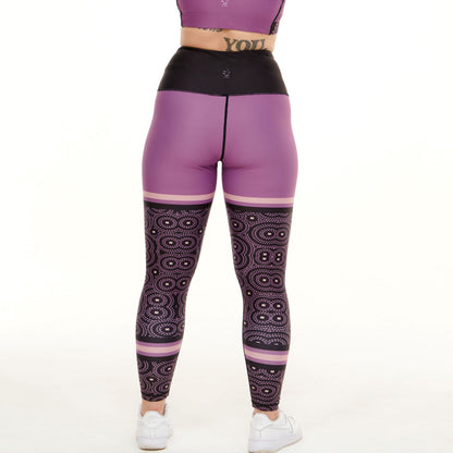 White Oliver Signature Purple Funky Leggings, vibrant activewear with bold patterns and a comfortable fit, shown on a model.