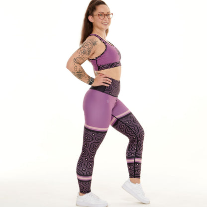 White Oliver Signature on Purple Funky Activewear Leggings with bold, vibrant purple and unique pattern design.