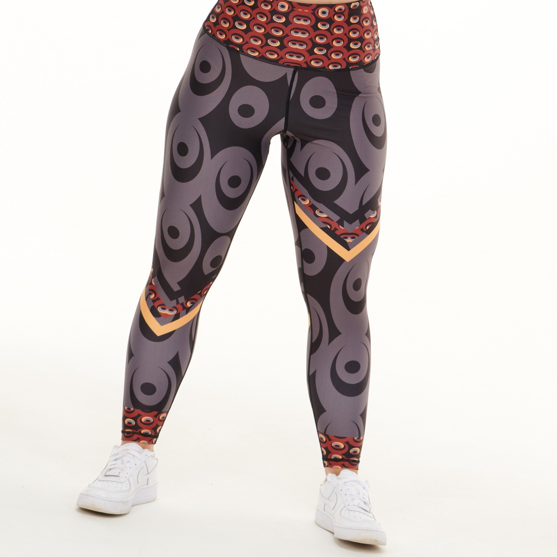 White Oliver Siefay On Iron Red Splash activewear leggings featuring bold red splash design on stretchy fabric.