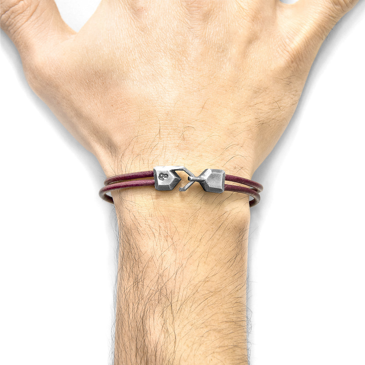Bordeaux red Cromer silver and leather bracelet by Magenta Sooty featuring a stylish design and adjustable clasp.