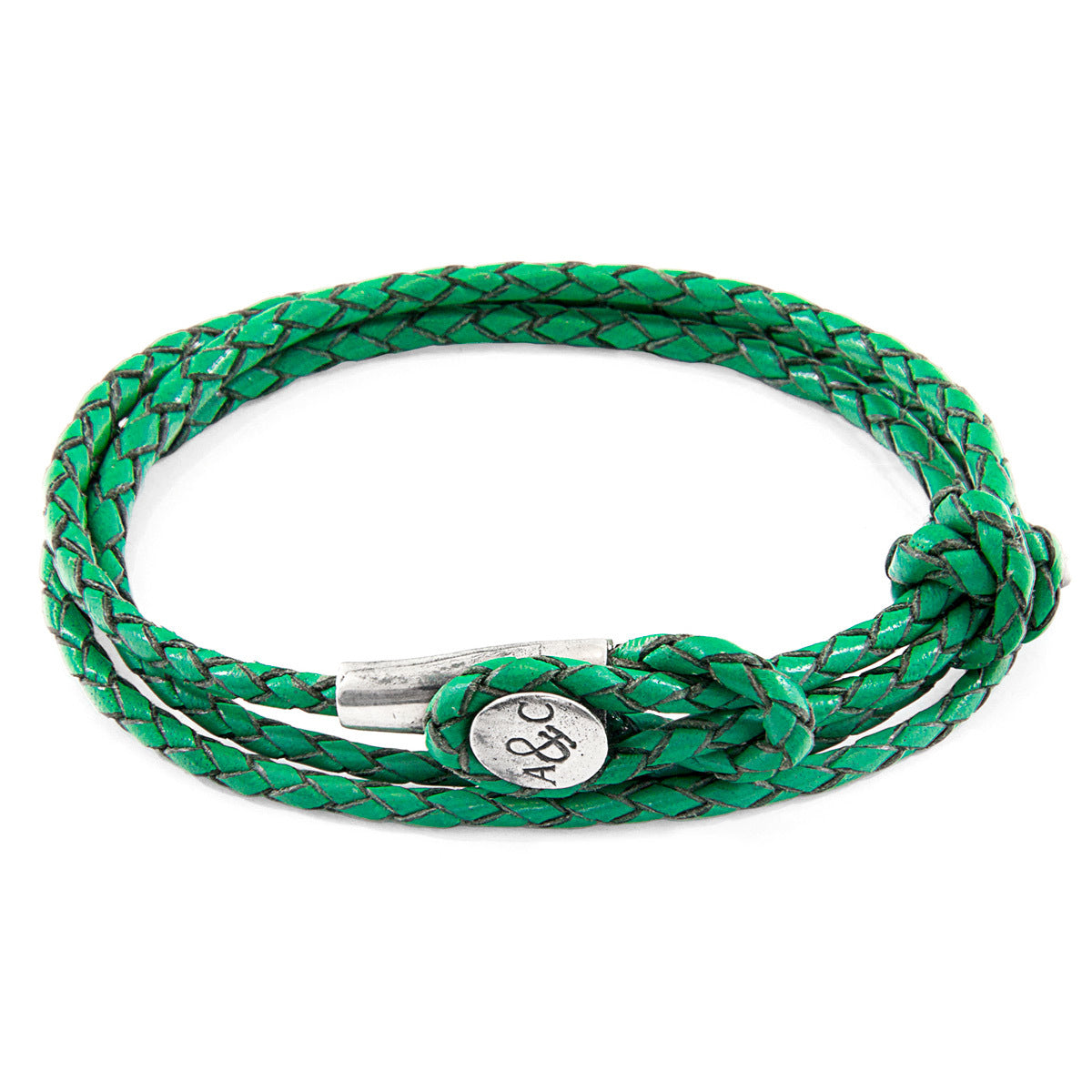 Fern green leather and silver bracelet by Magenta Sooty featuring a stylish, nature-inspired design and adjustable fit.