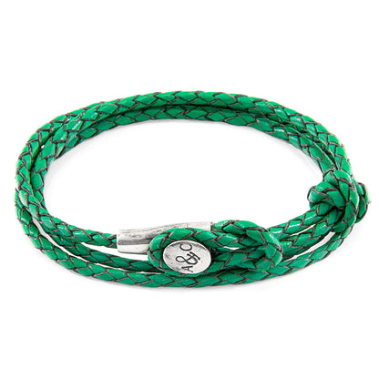 Fern green leather and silver bracelet by Magenta Sooty featuring a stylish, nature-inspired design and adjustable fit.
