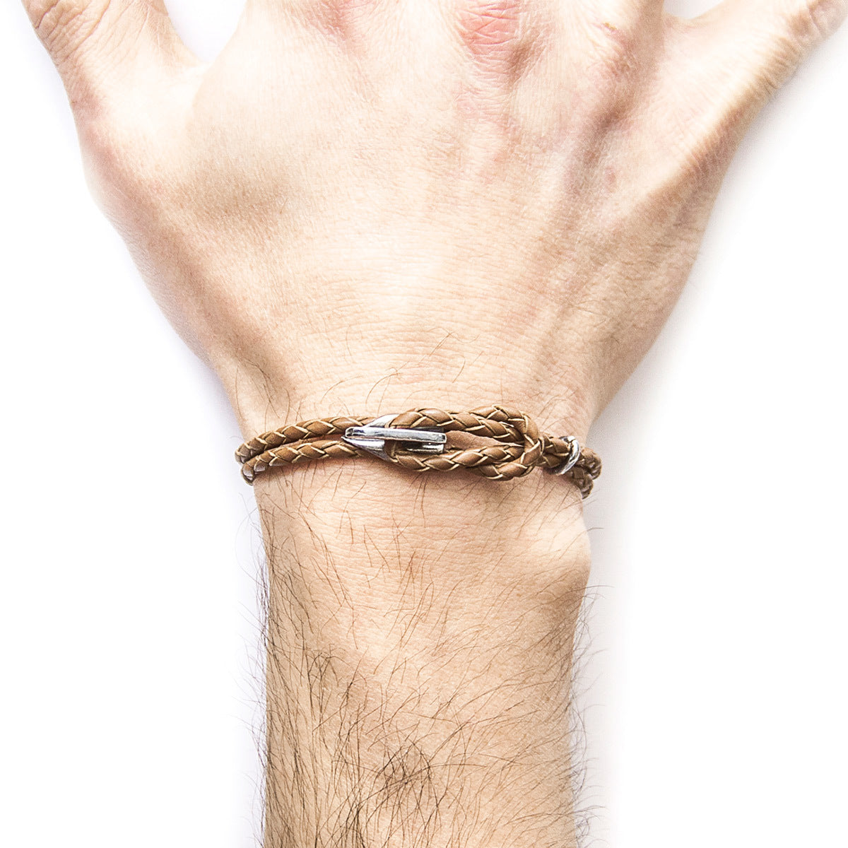 Light brown Padstow silver and leather bracelet by Magenta Sooty with silver accents and adjustable leather strap.