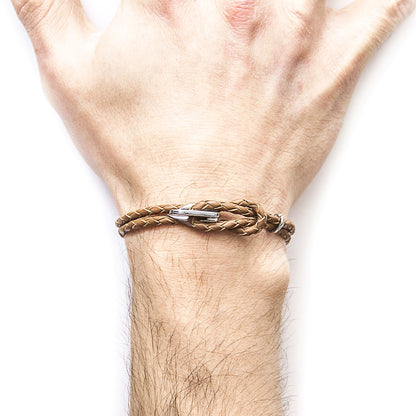 Light brown Padstow silver and leather bracelet by Magenta Sooty with silver accents and adjustable leather strap.