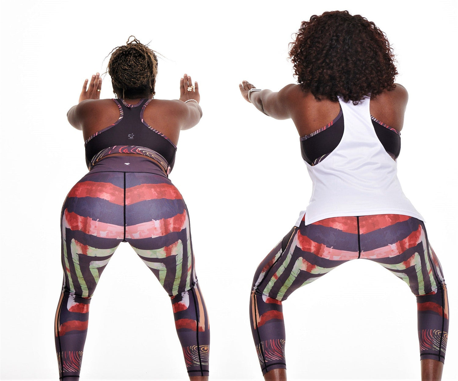 White Oliver Adyre vibrant activewear leggings with side pockets on colorful brocade fabric, designed for comfort and style.