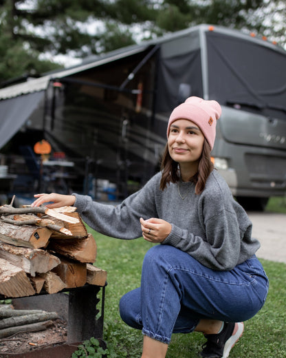 Azure Arrowwood HAAKWEAR knit cuffed beanie in pearl pink, cozy and stylish hat with a knit texture and cuffed design.