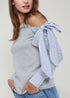 Heather grey Lemon Hera open shoulder tie sleeve top, stylish blouse with cut-out shoulders and bow details, casual and trendy.