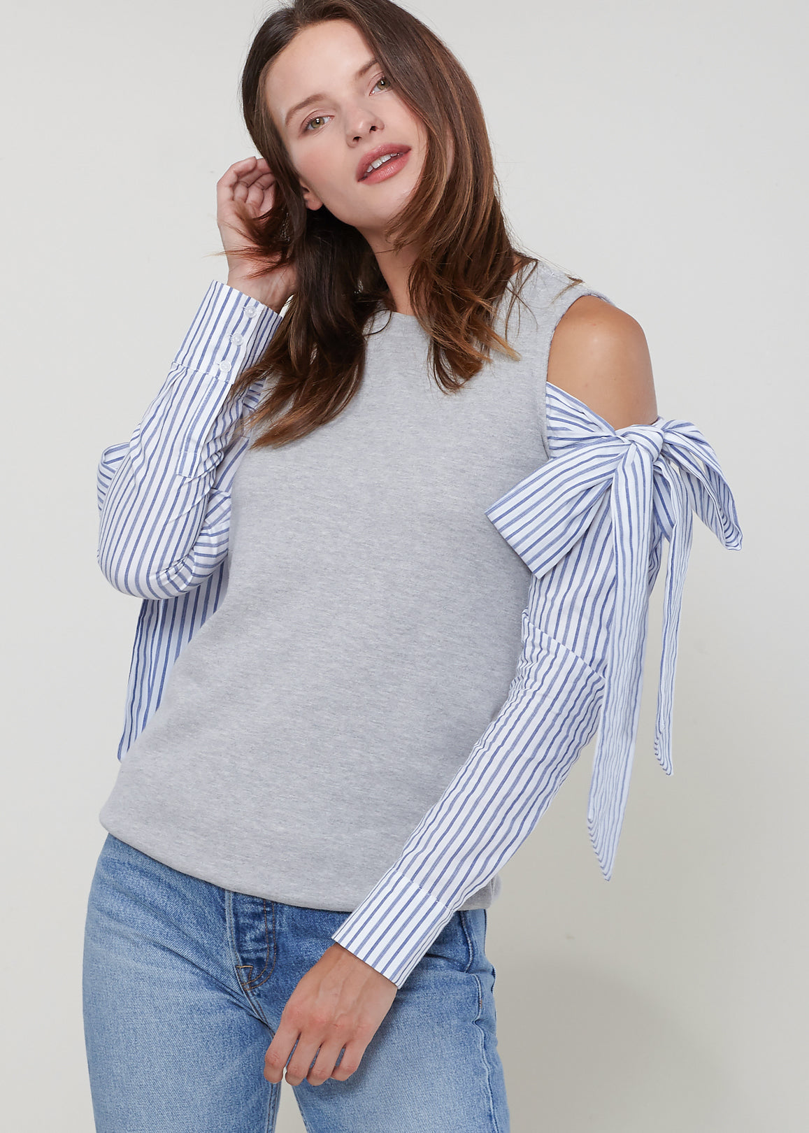 Heather grey Lemon Hera open shoulder tie sleeve top with stylish sleeve details, perfect for casual and chic looks.