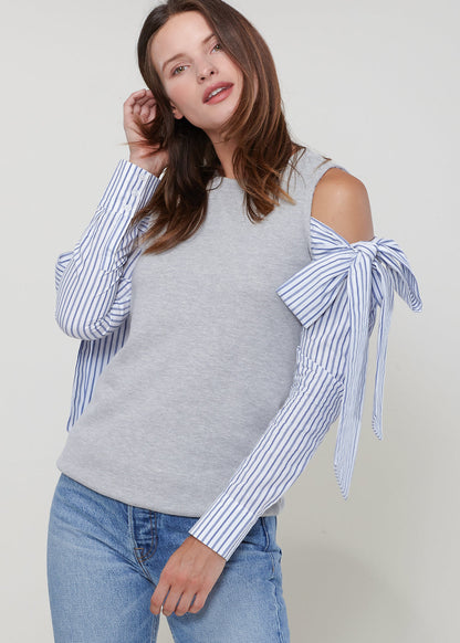 Heather grey Lemon Hera open shoulder tie sleeve top with stylish sleeve details, perfect for casual and chic looks.