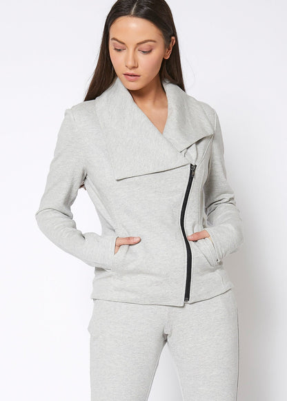 Women’s oversized collar zip-up moto jacket by Lemon Hera in heather grey, featuring a stylish collar and front zipper.