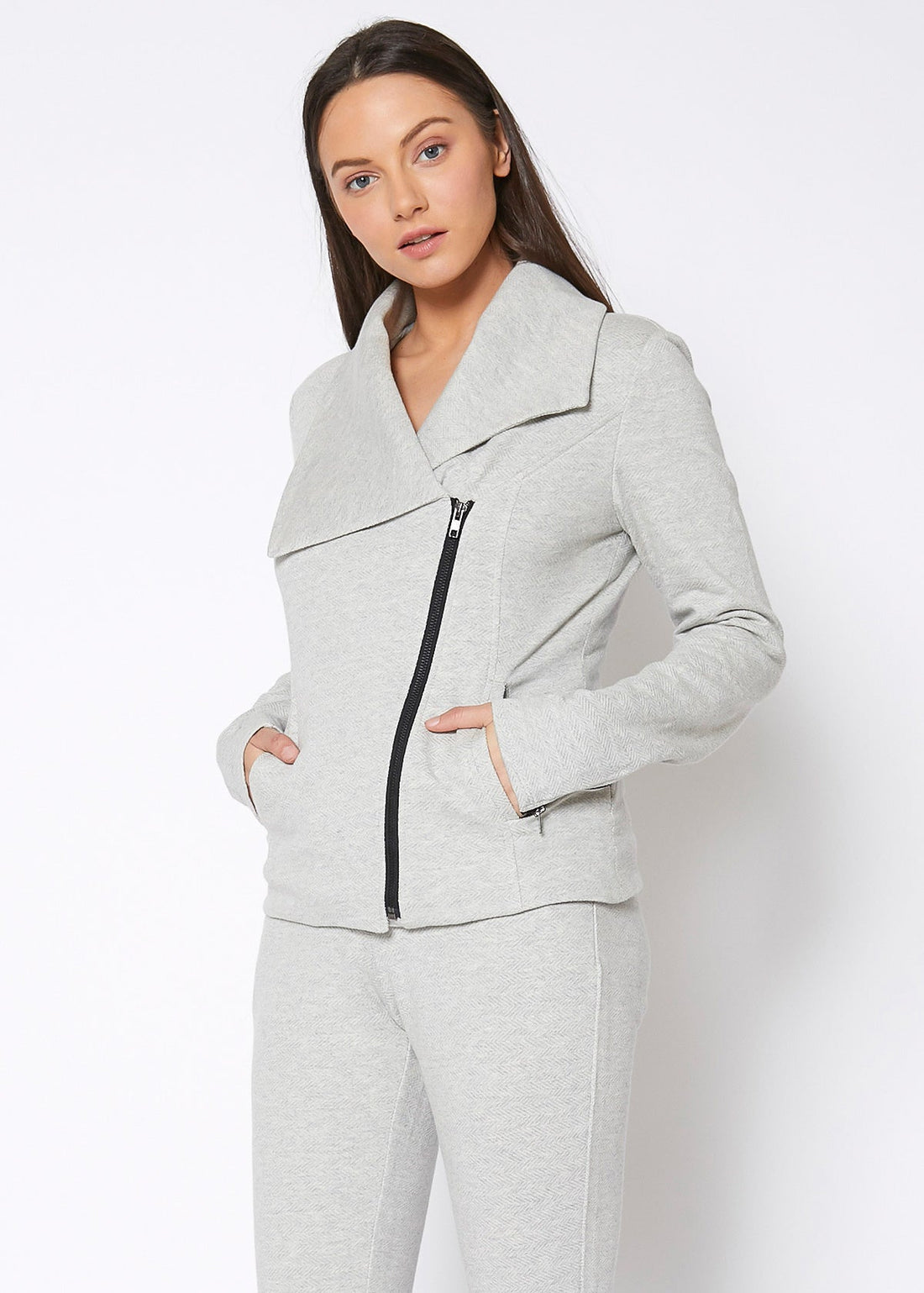 Women’s oversized collar zip-up moto jacket in heather grey by Lemon Hera, featuring a stylish, relaxed fit and modern design.
