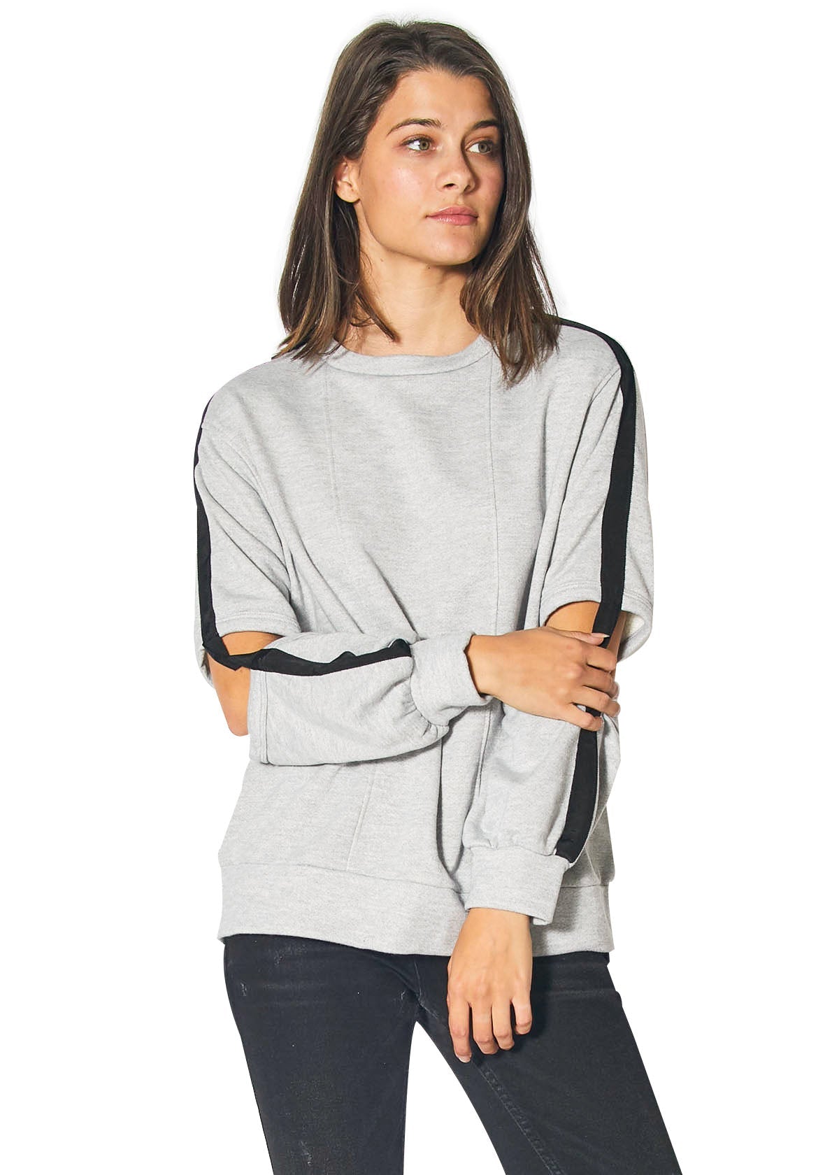 Heather grey Cold Elbow Sweatshirt by Lemon Hera, a casual tops and blouses item featuring elbow patches and a comfortable fit.