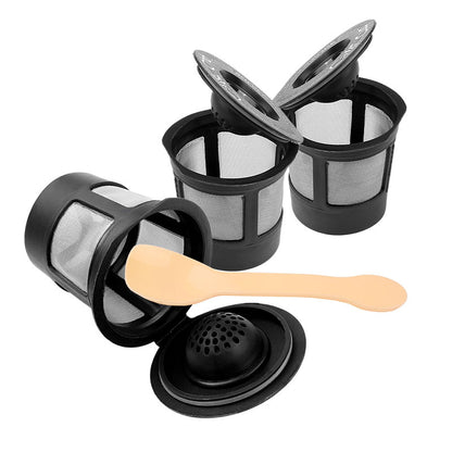 Set of 3 reusable coffee filter pods with a spoon from Teal Simba, ideal for eco-friendly coffee brewing at home.
