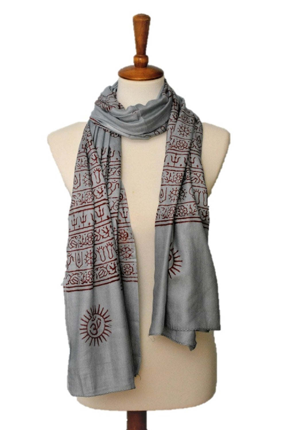 Large OM Yoga Meditation Mantra Prayer Shawl by Alabaster, ash gray scarf with spiritual symbols and intricate design.