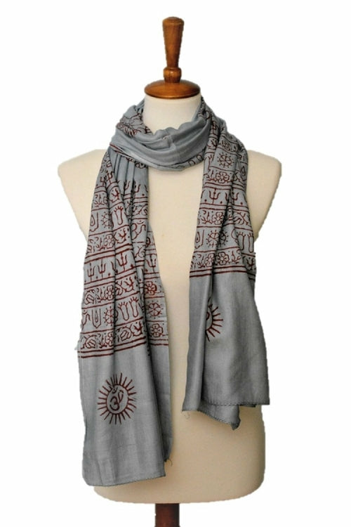 Large ASHGRAY OM Yoga Meditation Mantra Prayer Shawl by Alabaster, showcasing soft fabric with intricate pattern details.