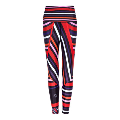 Vibrant Aso-Oke patterned leggings by White Oliver, stylish activewear with colorful traditional African fabric design.