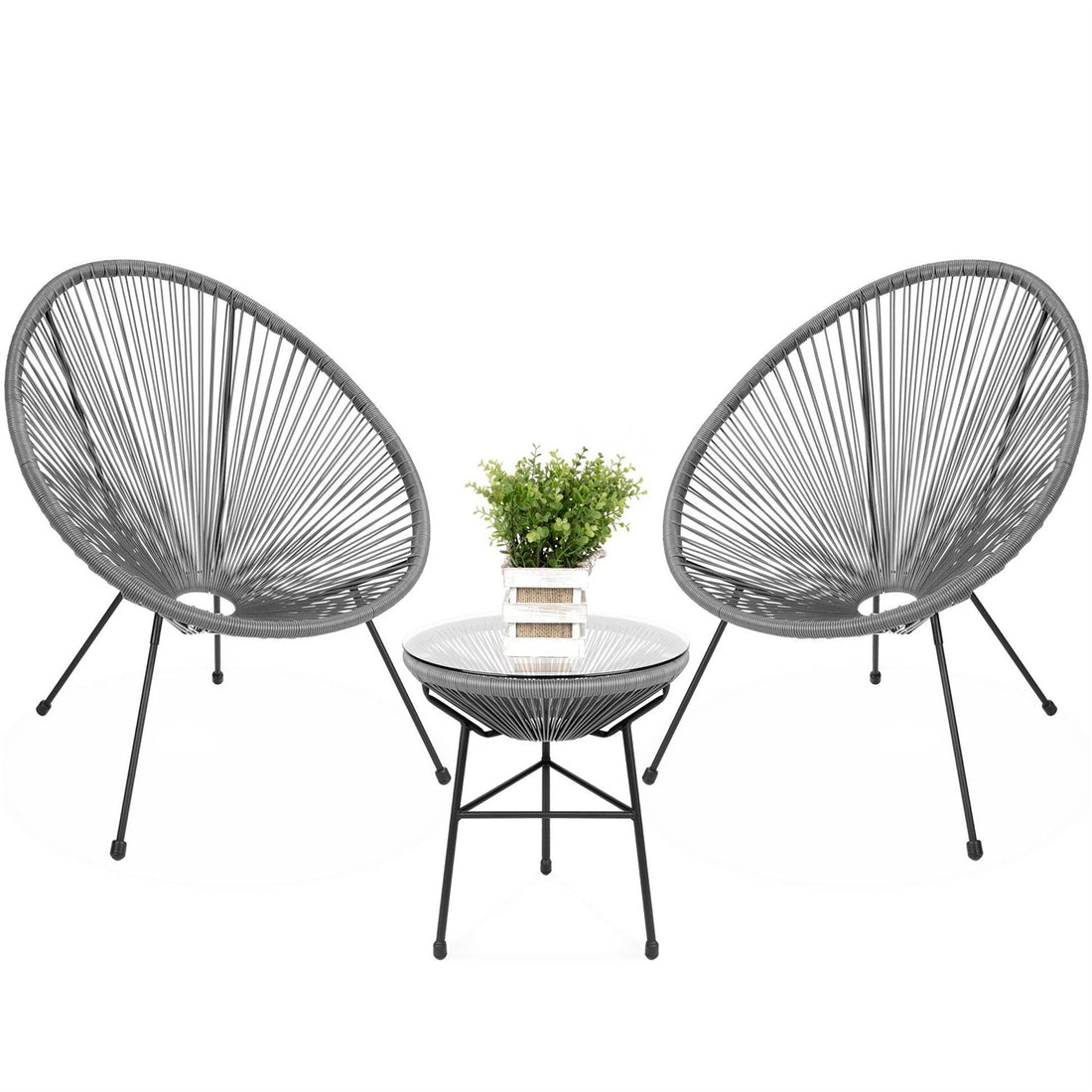 3 Piece Grey Oval Patio Rope Woven Chair Bistro Set