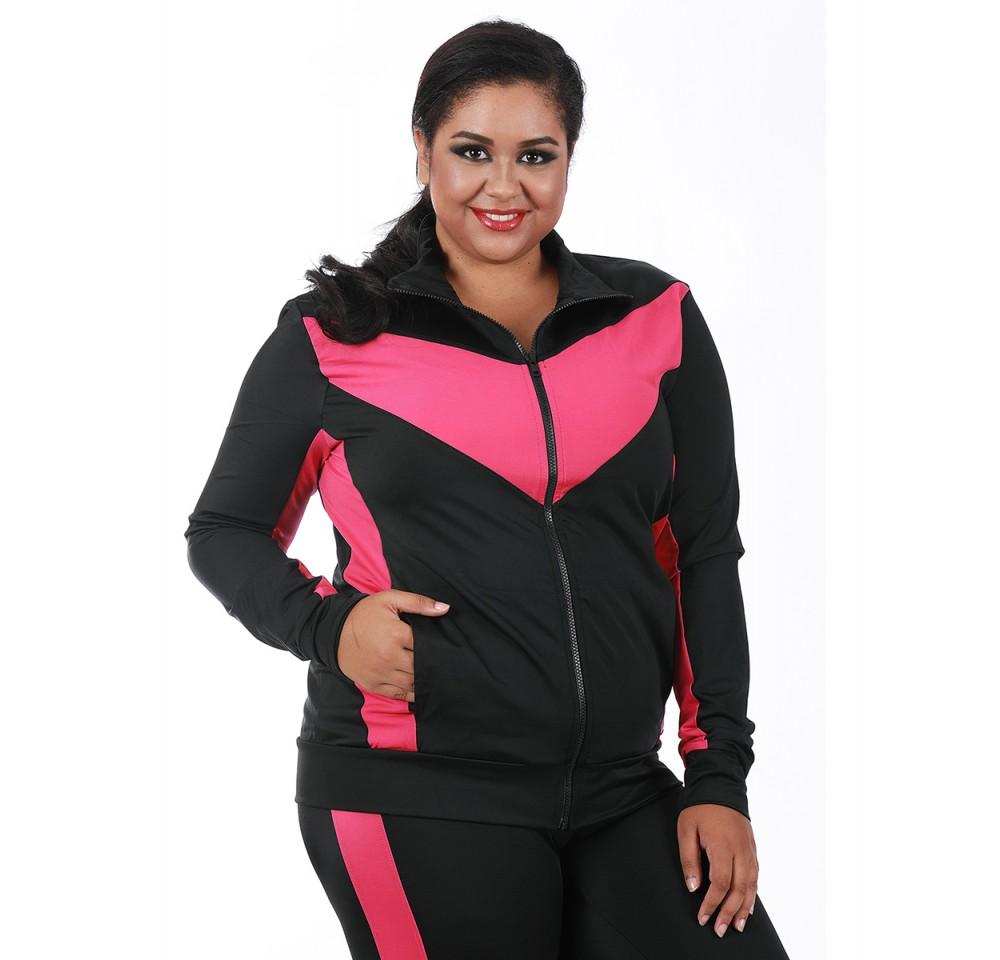 Scarlet Leek InstantFigure Curvy Plus Size activewear compression jacket in black, shown on a model with front view.
