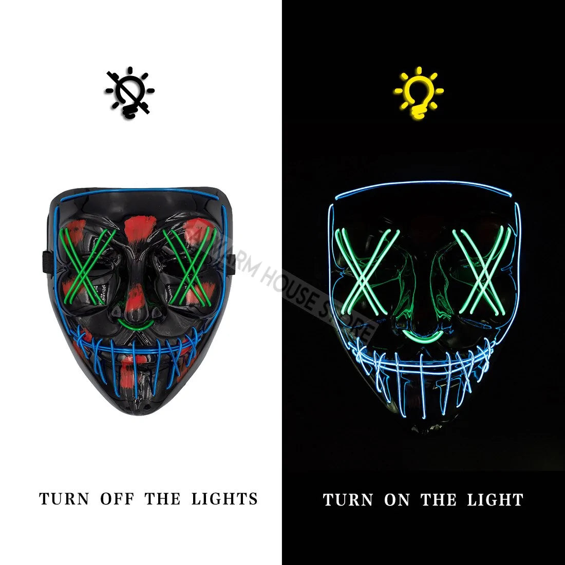 White Eucalyptus Halloween LED pet mask with spooky glowing eyes and vibrant orange and black design for pets.