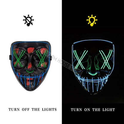 White Eucalyptus Halloween LED pet mask with spooky glowing eyes and vibrant orange and black design for pets.