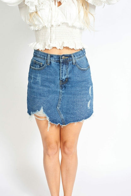 Dark blue ripped denim mini skort for women from Azure Thanatos, featuring distressed details and a stylish, casual fit.