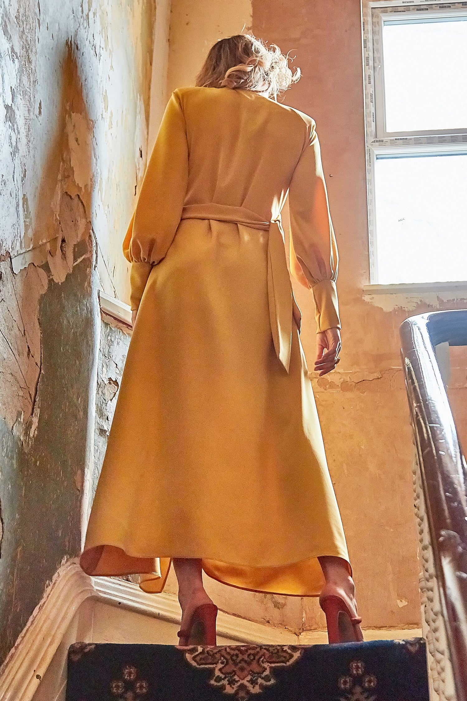 Amber V-neck wrap maxi dress with side slit, stylish mustard color, by Blush Athena, perfect for elegant summer wear.