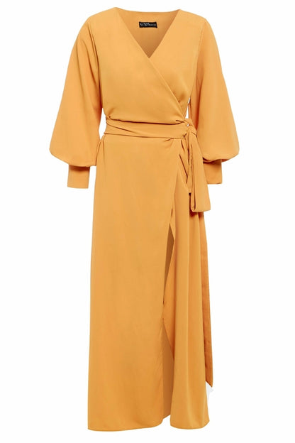 Amber mustard wrap maxi dress by Blush Athena featuring a flowing silhouette and elegant design, perfect for stylish occasions.