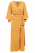 Amber mustard wrap maxi dress by Blush Athena featuring a flowing silhouette and elegant design, perfect for stylish occasions.