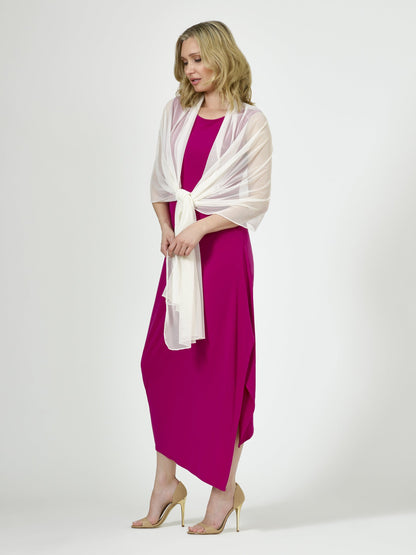 Fuchsia mesh angel dress by Purple Mango, featuring an elegant angled design and flowing fabric, suitable for women&