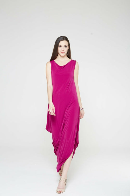 Fuchsia angled dress for women by Purple Mango, showcasing a stylish, modern silhouette and elegant design.